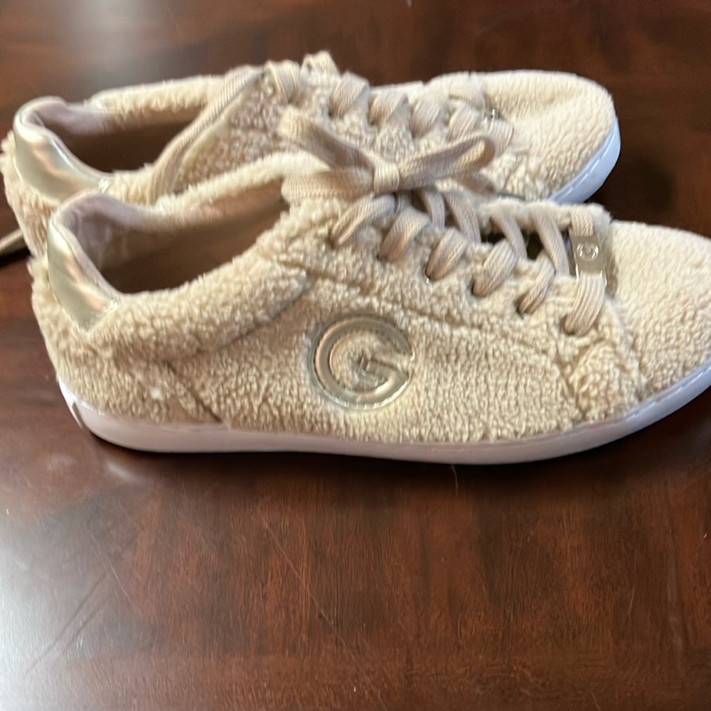 Cream Fuzzy Sneakers with Logo